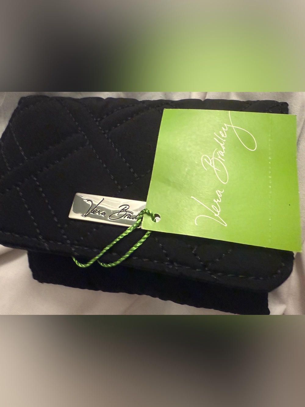 NWT Vera Bradley Black Quilted Trifold Wallet with Silver Logo